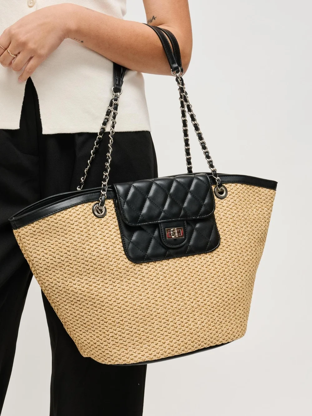 Landon Women's Natural Woven Straw Tote with Black Quilted Accent - Picture 2 of 6